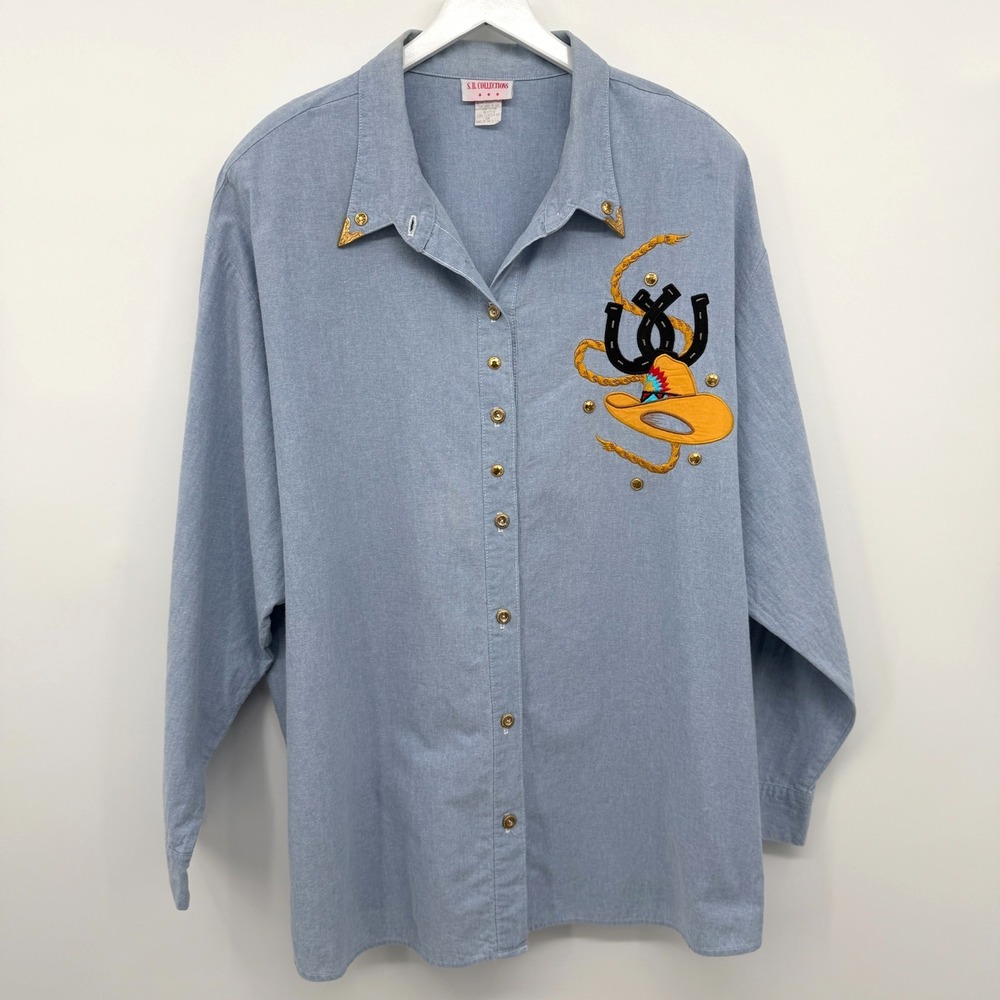 Vintage Western Tunic Top Shirt Womens 3X Chambray Embroidered Equestrian USA